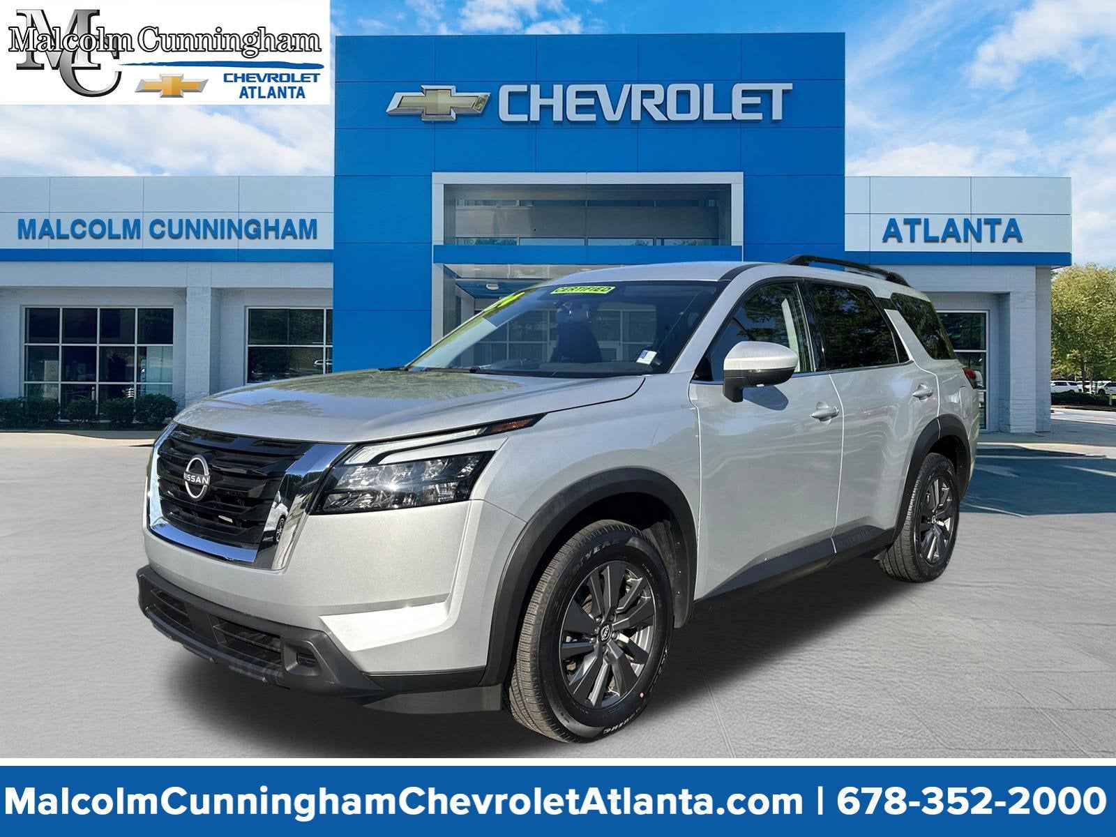 2024 Nissan Pathfinder SV in Brilliant Silver — front three-quarter view